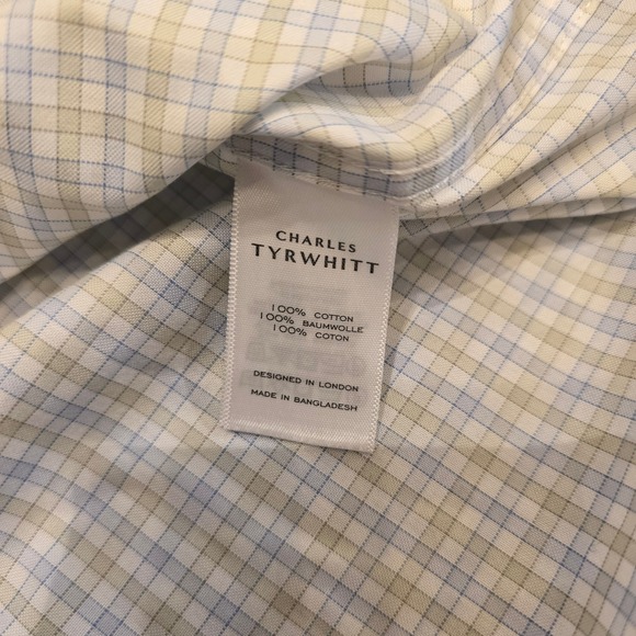 Charles Tyrwhitt Classic Fit Non-Iron Shirt 17/37 Blue Tan Check Button Down - Picture 4 of 6